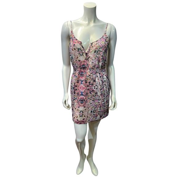 ELIOT Abstract Floral Silk Mini Dress Pink Multi Geometric Print Sundress Size 0 - Picture 1 of 12